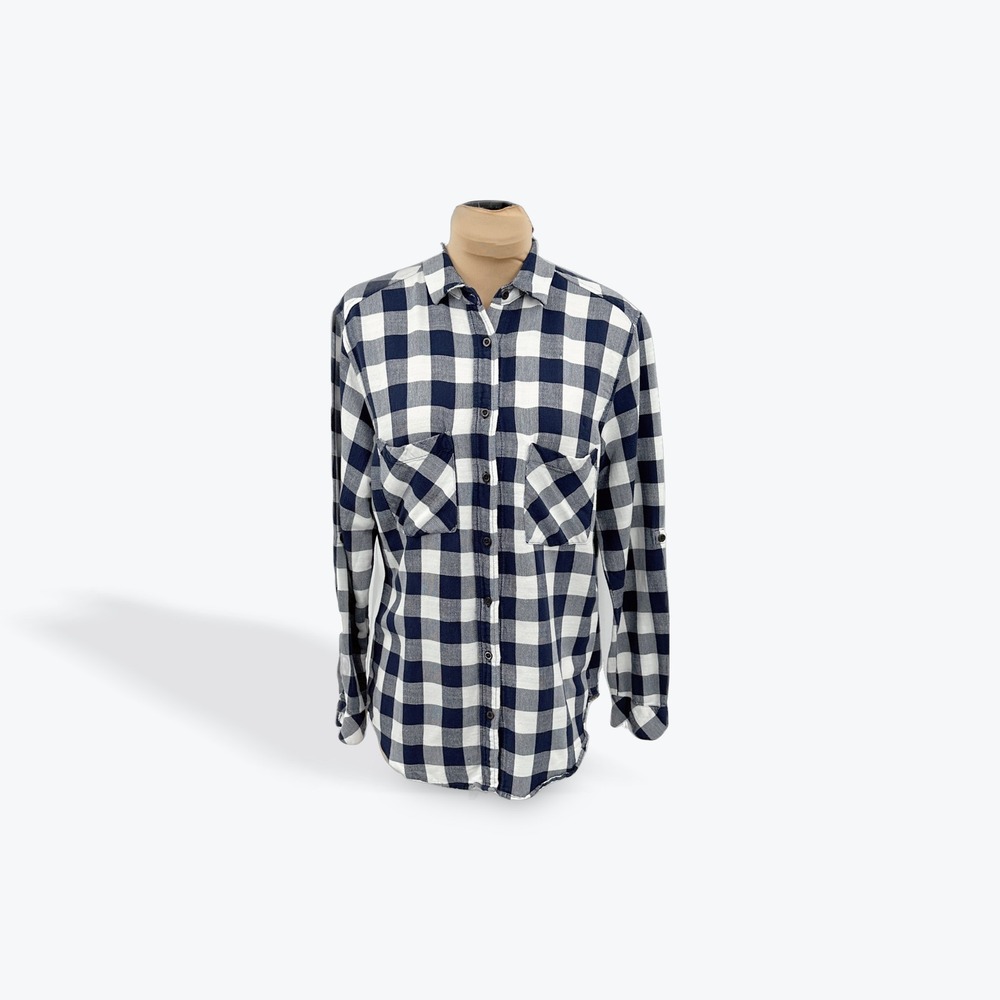 Mango‎ Basics Navy Blue White Gingham Plaid Long Sleeve Button Up Shirt Size 6